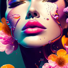 Close-up Portrait of Woman's Face Adorned with Vibrant Flowers and Pink Accents