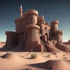 Fantasy sandcastle in surreal desert landscape with ornate towers and flying birds