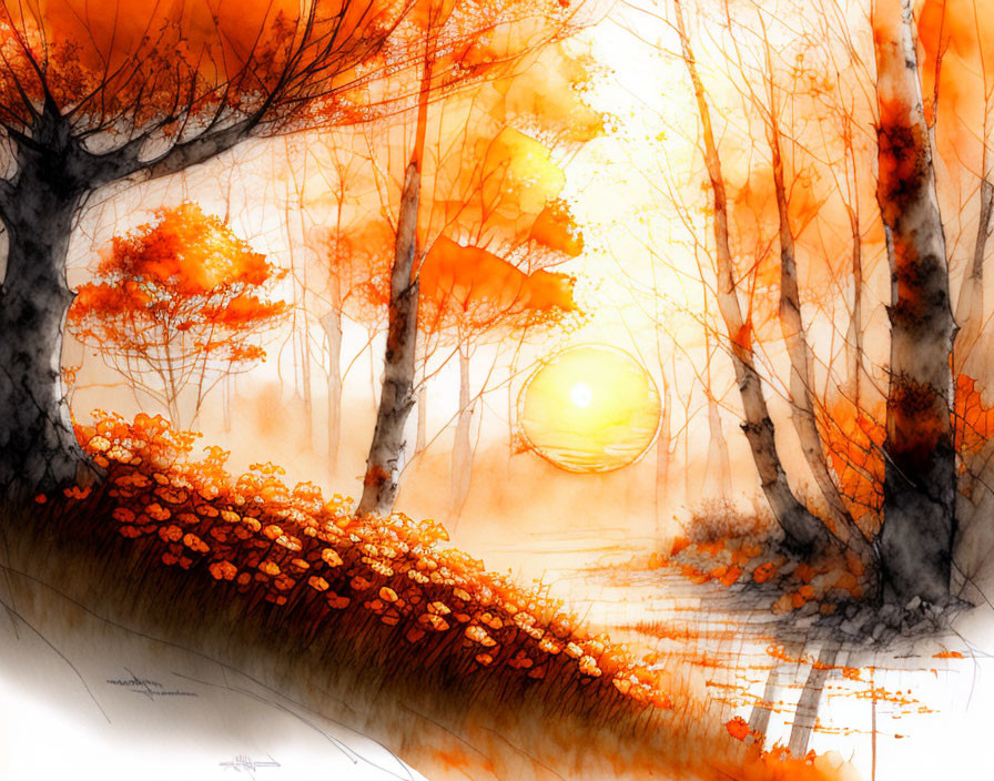 Autumn forest scene with warm tones and radiant sun.