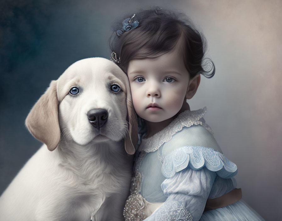 Child in vintage-style dress embracing white puppy with innocent expressions