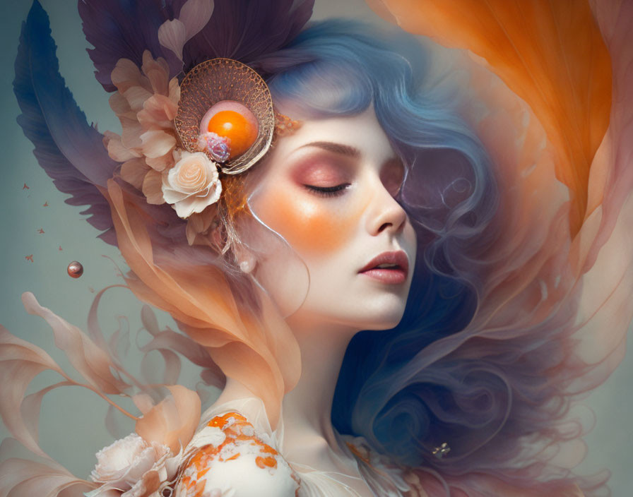 Surreal portrait of woman with blue hair and orange swirls