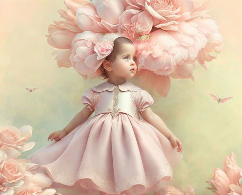 Child in Pastel Pink Dress Among Giant Roses and Butterflies