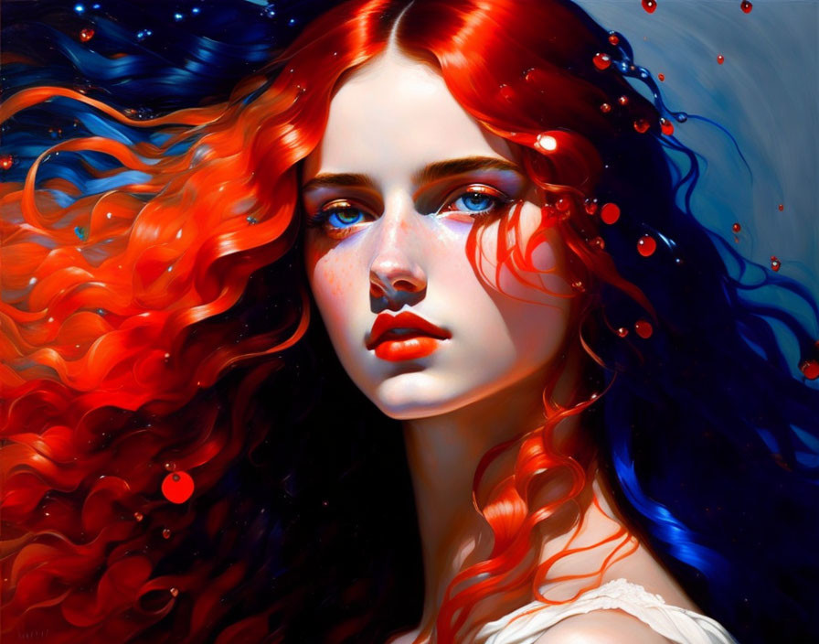 Digital artwork: Woman with red hair and blue eyes on starry background