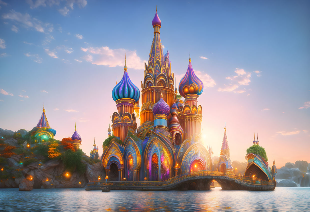 Colorful Spired Castle on Island Bridge at Sunset