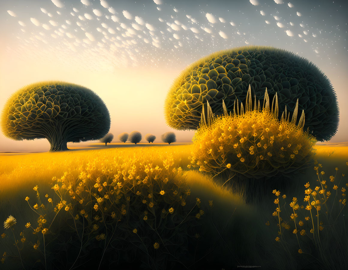 Surreal landscape with stylized trees and yellow flowers in golden field