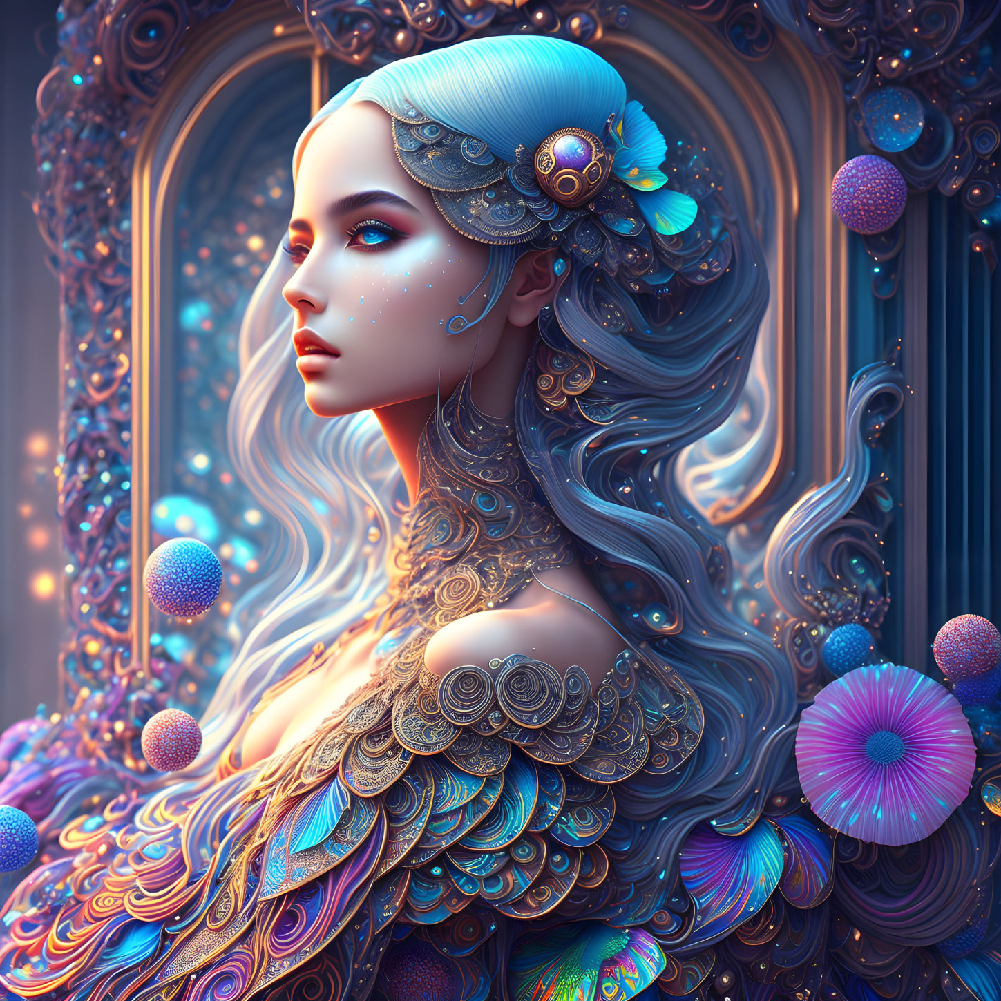 Detailed Artwork of Woman with Elaborate Blue Hair and Metallic Adornments