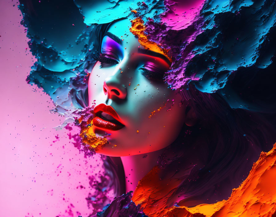 Colorful powder explosion portrait of a woman