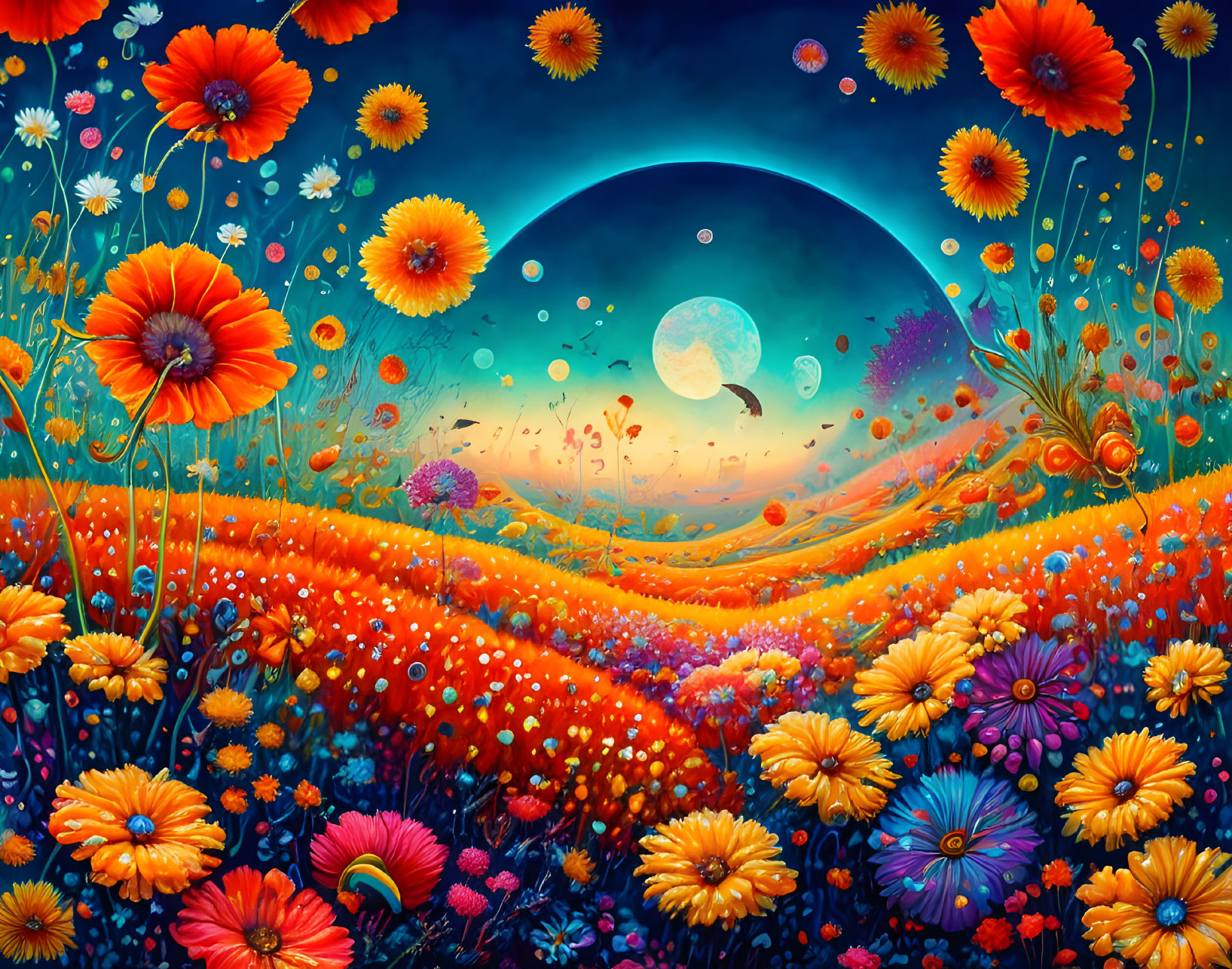 Colorful blooming flowers under night sky with large moon