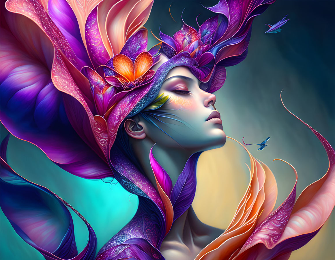 Colorful digital artwork: Woman with fantastical headdress in purple and pink hues