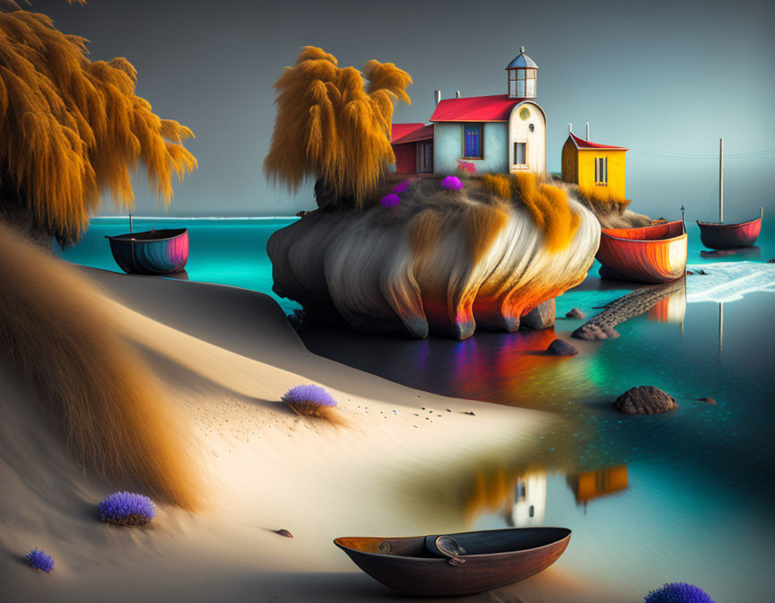 Vibrant surreal landscape with lighthouse, whimsical trees, colorful boats