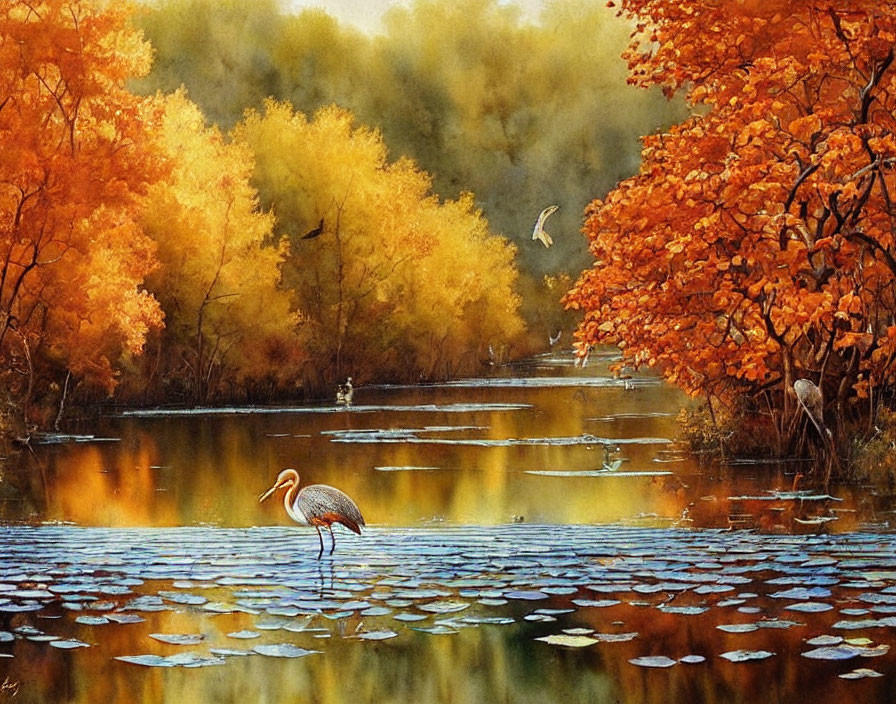 Vibrant autumn foliage by a serene lake with birds in flight