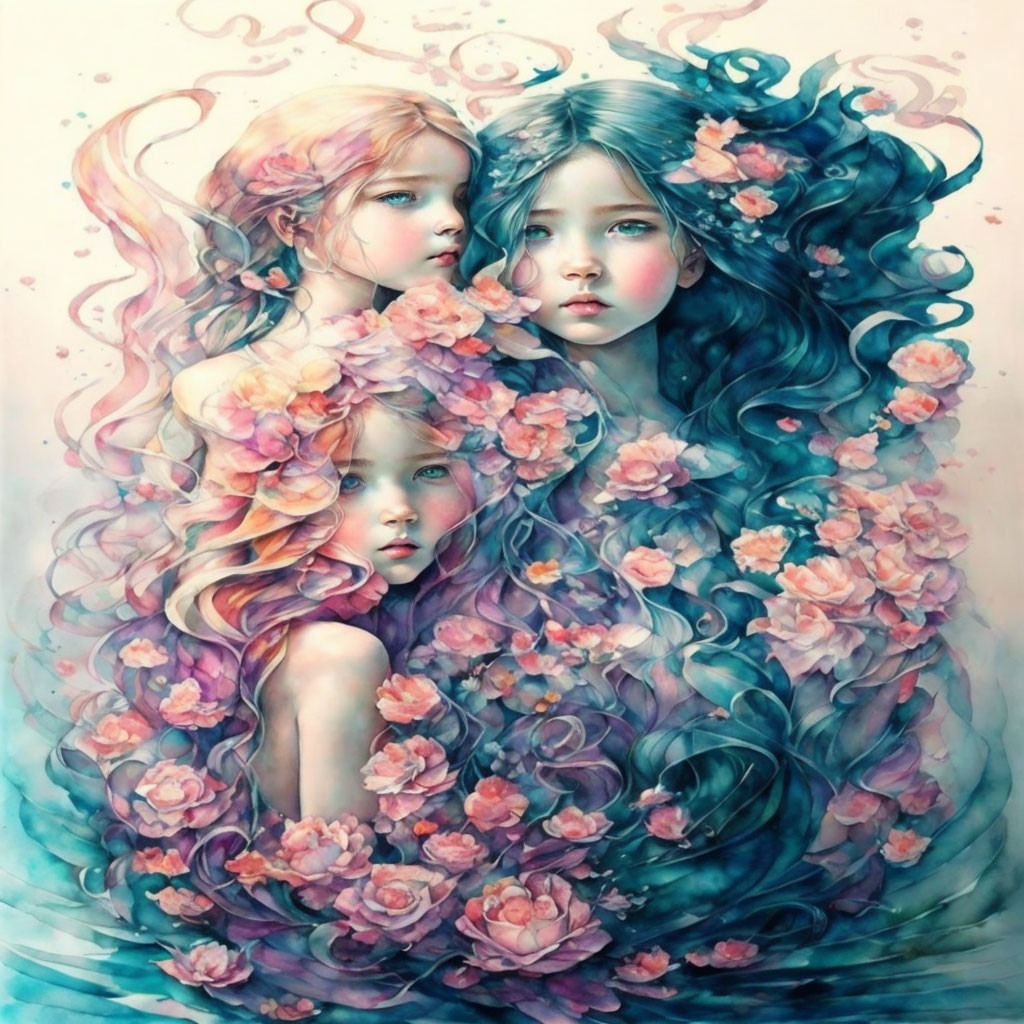 Fantasy illustration featuring three girls with floral hair in pastel pink roses and soft blue hues