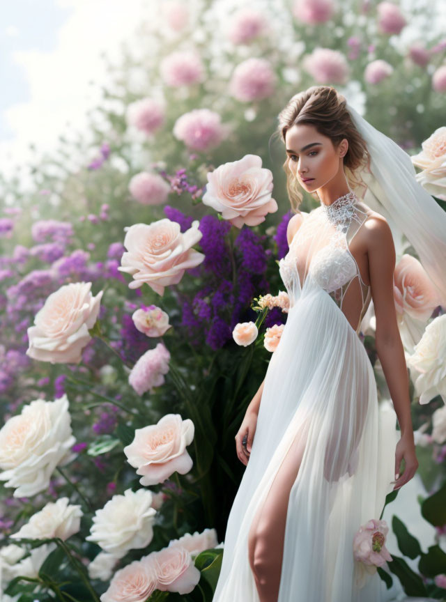 Bride in white gown surrounded by blooming roses and delicate veil