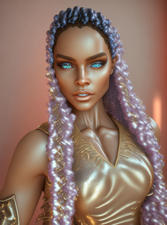 Digital Portrait of Woman with Blue Eyes and Purple Braided Hair in Golden Outfit