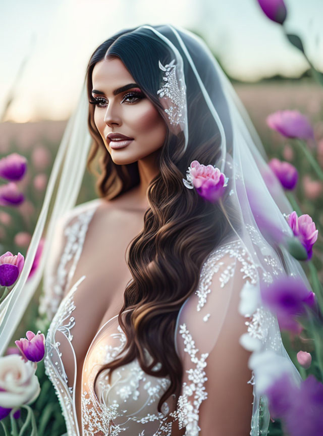 Bride with Long Curly Hair in Sheer Bridal Gown Among Pink Flowers