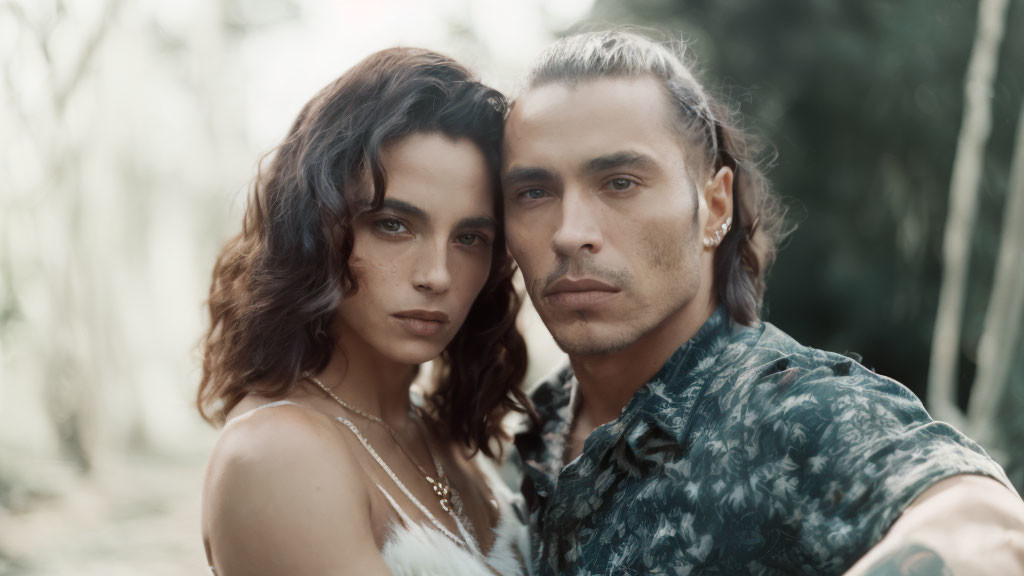 Intense gazes of man and woman in soft-focused natural setting