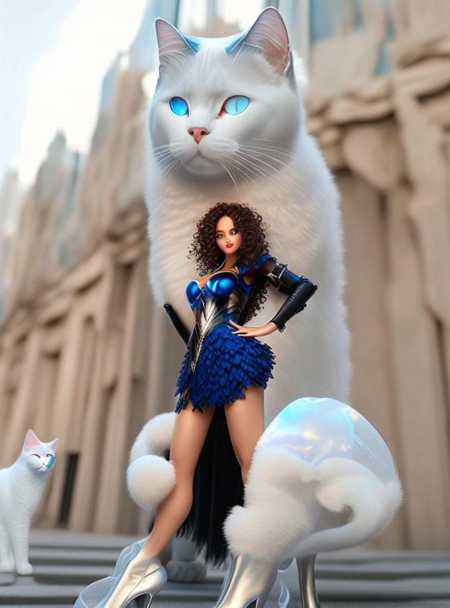 Woman in blue and black outfit with large white cats in urban setting