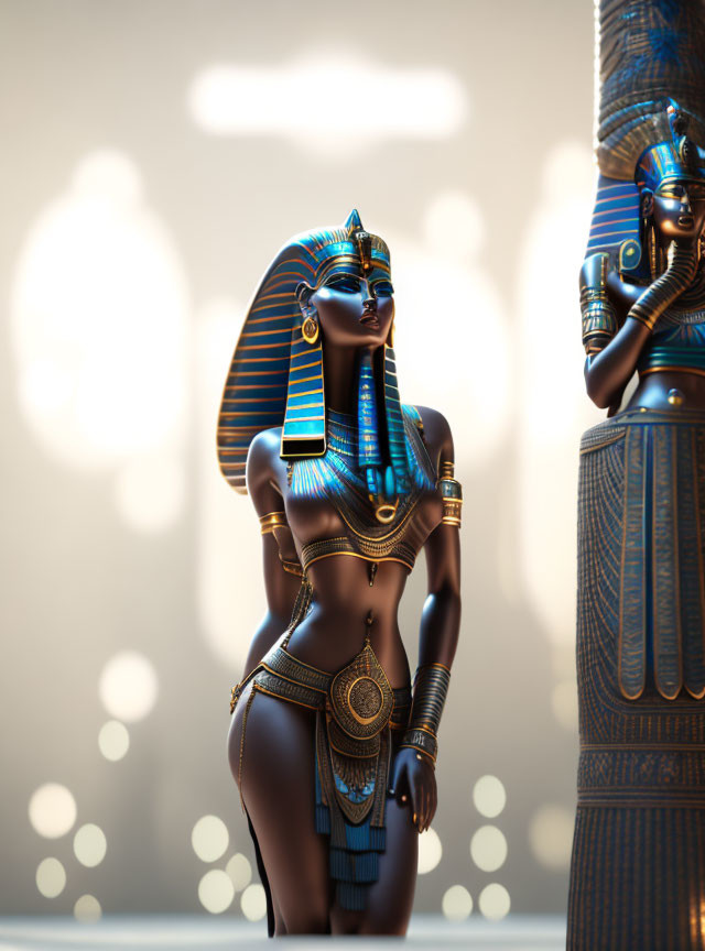 Ancient Egyptian female figure with traditional headdress and jewelry in 3D render