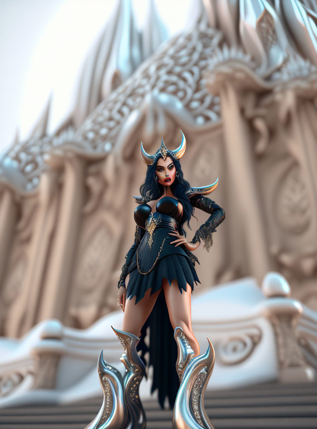 Fantasy Female Warrior in Horned Armor Stands by Gothic Structure