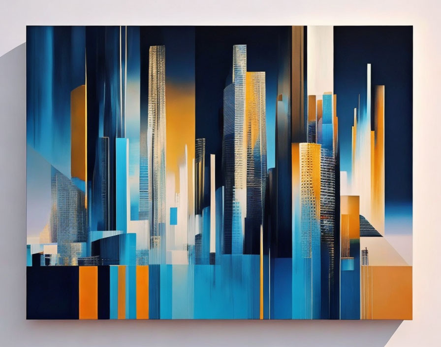 Geometric skyscraper painting in blue, orange, and white on square canvas