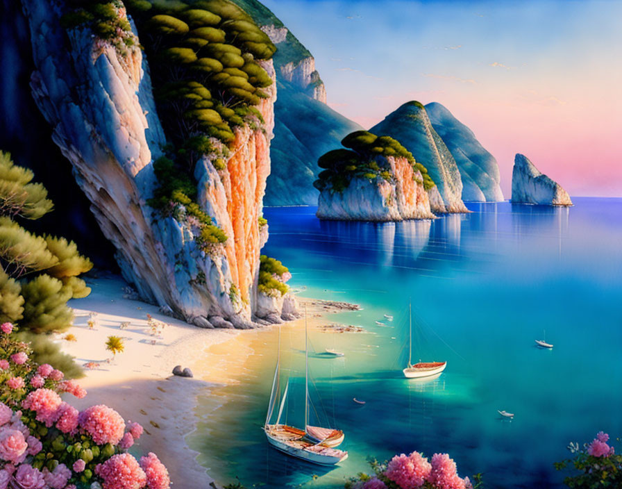 Tranquil bay with sailboats, sandy beach, cliffs, and lush greenery