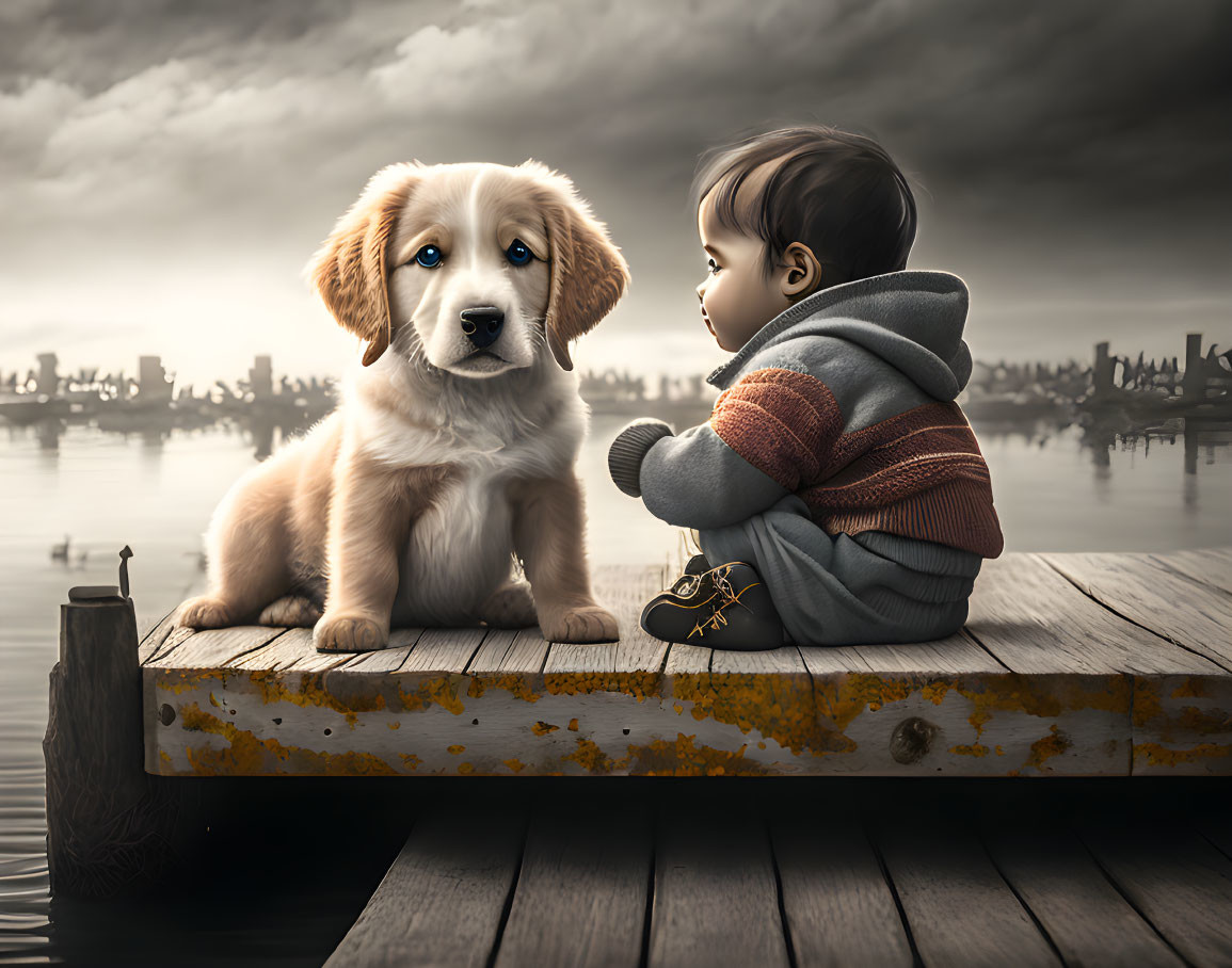 Toddler and Golden Retriever Puppy on Wooden Dock