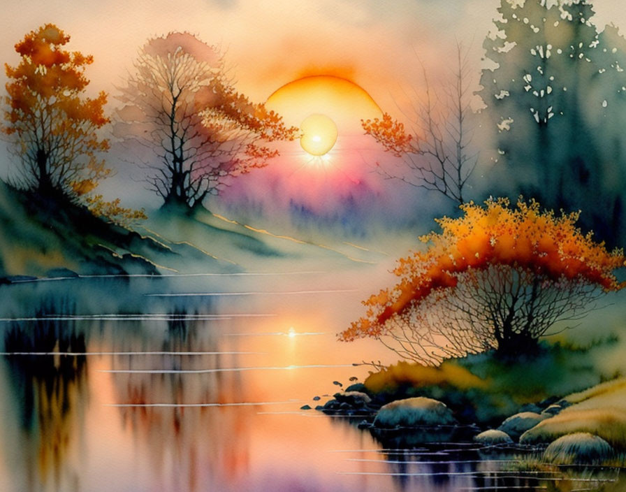 Tranquil Watercolor Landscape with Autumn Trees and Sunset Reflections