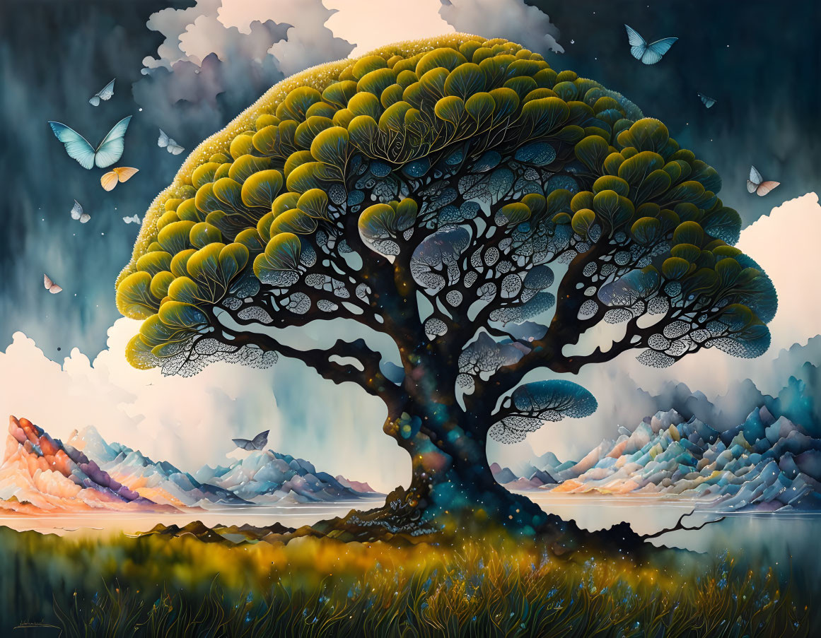 Vibrant tree in surreal landscape with floating islands