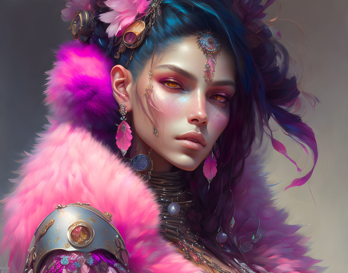 Fantasy portrait of woman with blue hair and golden jewelry