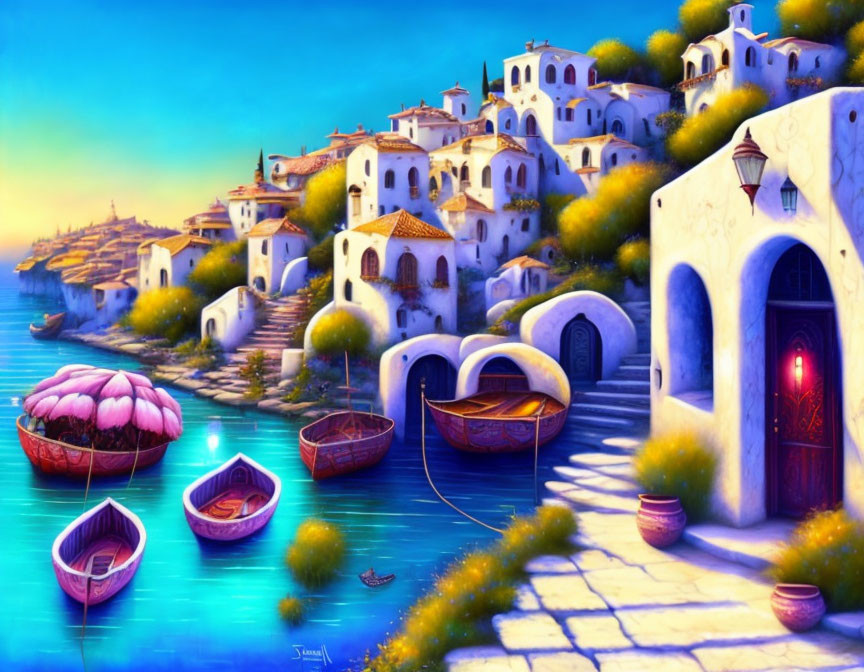 Colorful coastal village painting with boats, water, and lanterns