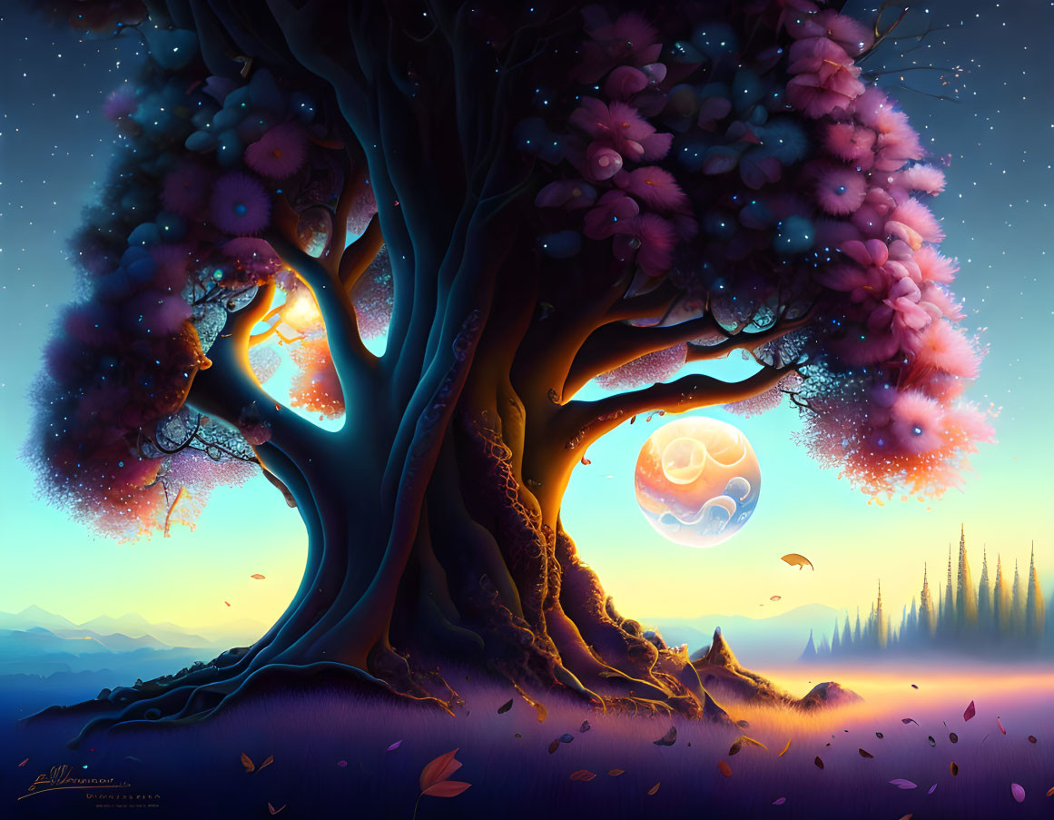 Fantasy landscape with large purple tree under starry sky