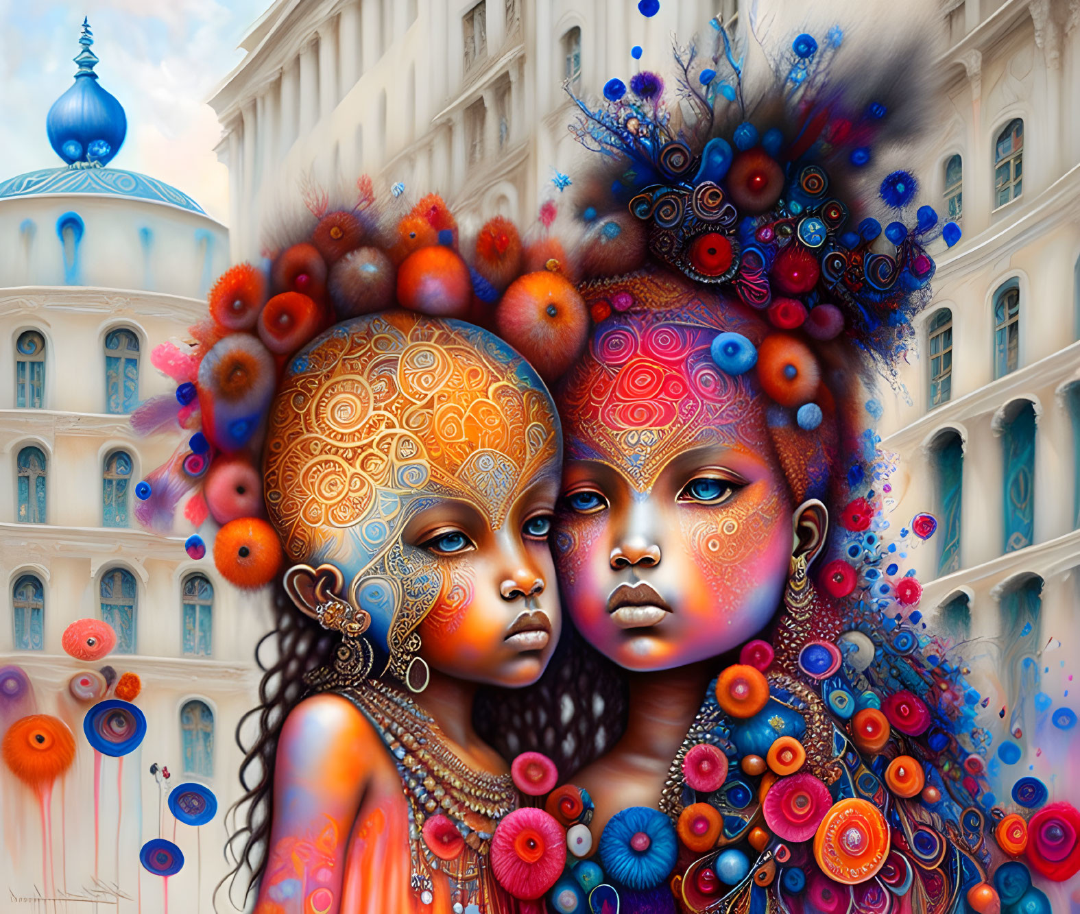 Intricately adorned figures with vibrant headdresses in whimsical cityscape.