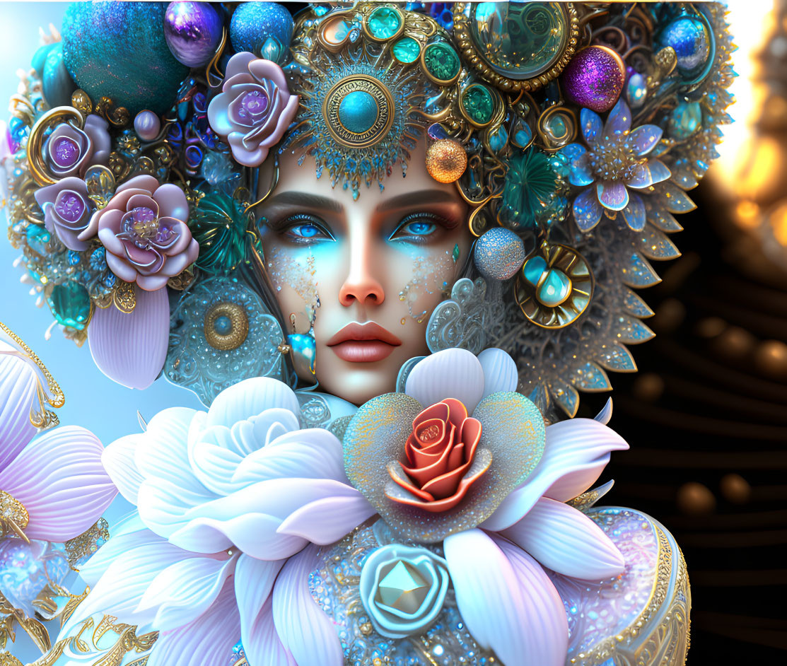 Ethereal woman with blue, gold, purple floral jewelry & fractal headdress