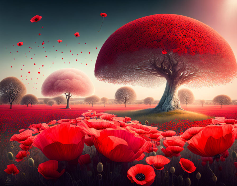 Whimsical landscape with oversized mushroom-shaped trees and vibrant red poppies