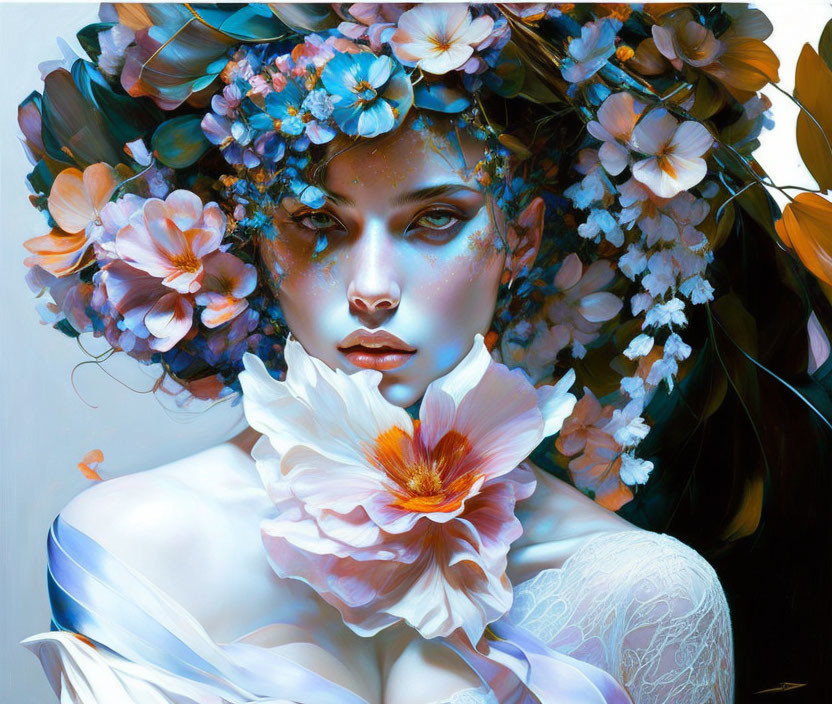 Vibrant surreal portrait: Woman with floral elements in dreamlike setting