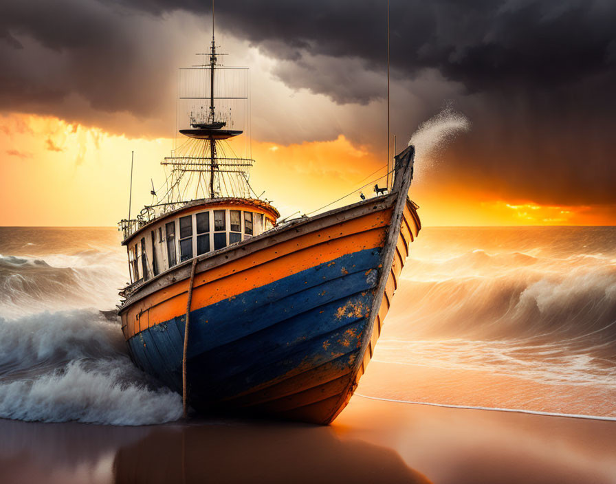 Beached ship on sandy shores under dramatic sunset sky