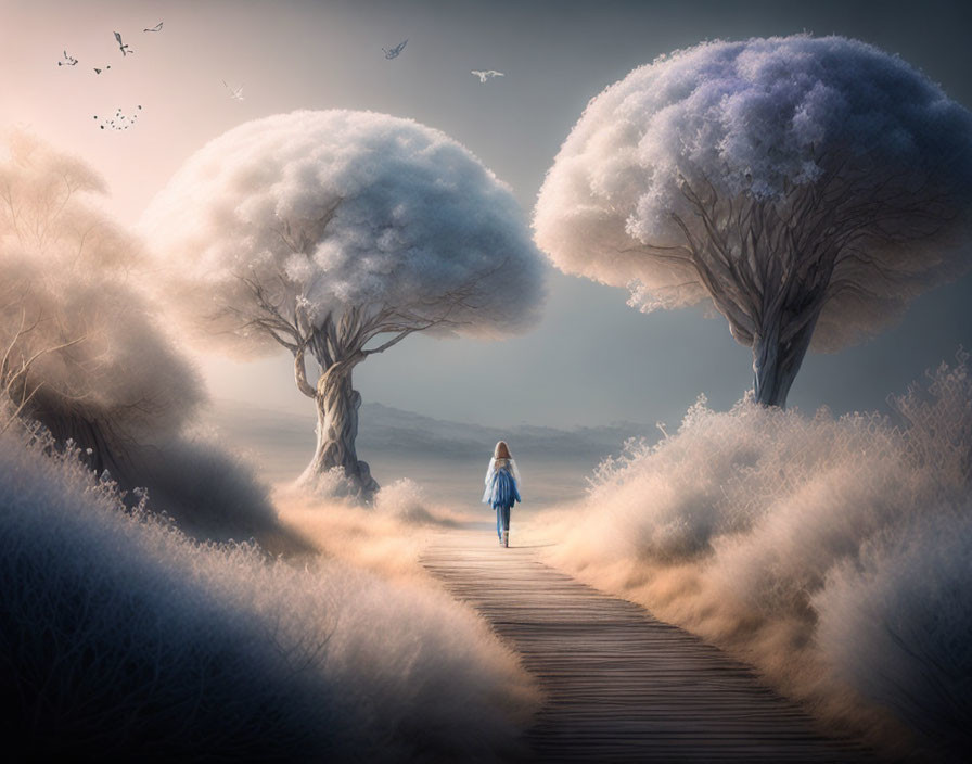 Child in blue coat walking in surreal snowy landscape with flying birds