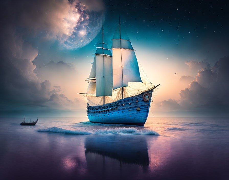 Majestic sailing ship on tranquil waters with vivid galaxy formation