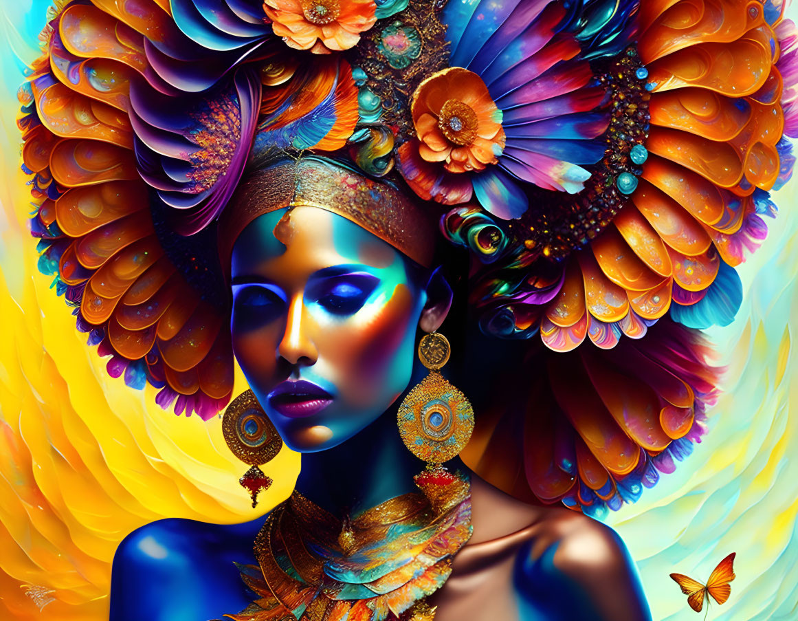 Colorful digital artwork of a woman with peacock-inspired plumage and ornate jewelry