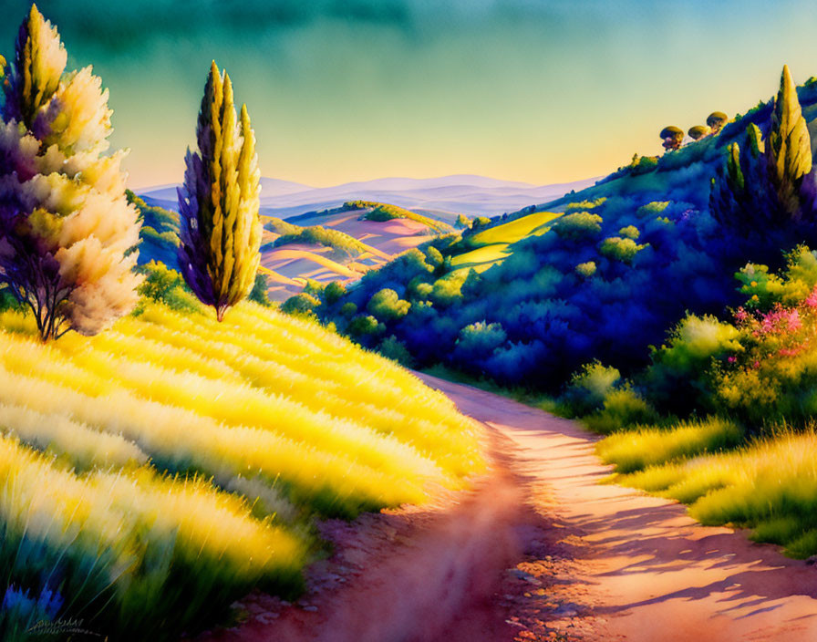 Serene landscape painting with colorful hills and sunlight