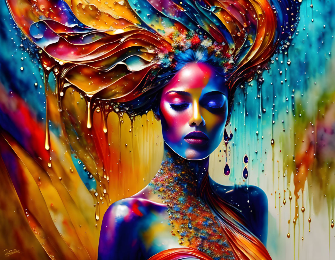 Colorful Artistic Depiction of Woman with Flowing Hair and Abstract Elements