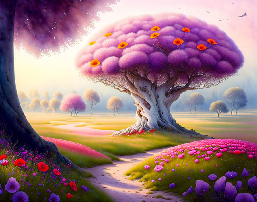 Fantasy landscape with large purple tree, pink and red flowers, starry sky, winding paths