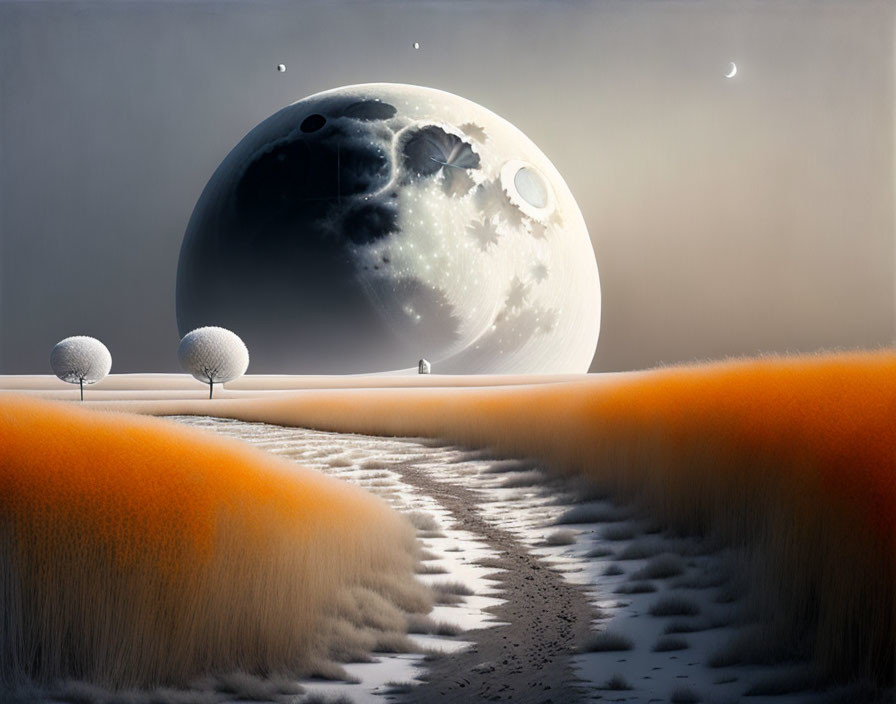 Surreal landscape with large moon, path, sparse trees on orange grass.