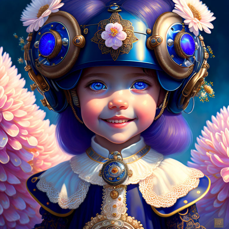 Young girl in fantasy steampunk helmet with blue eyes on floral backdrop