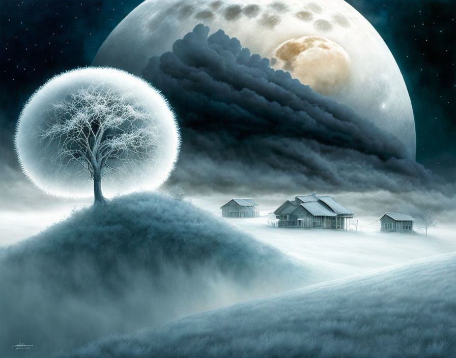 Surreal landscape with illuminated tree, houses, and large moon