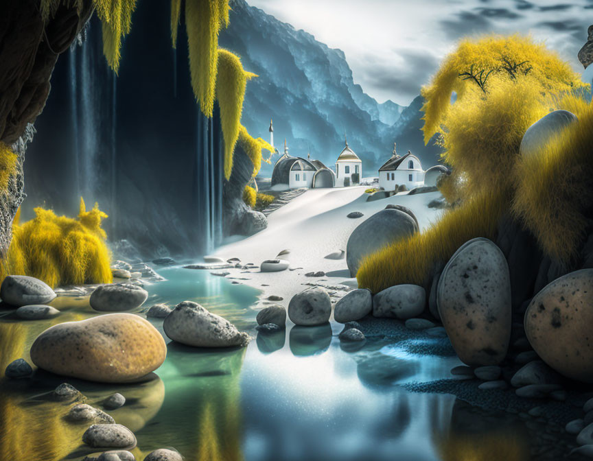 Surreal landscape with yellow trees, smooth stones, quaint houses, and waterfalls