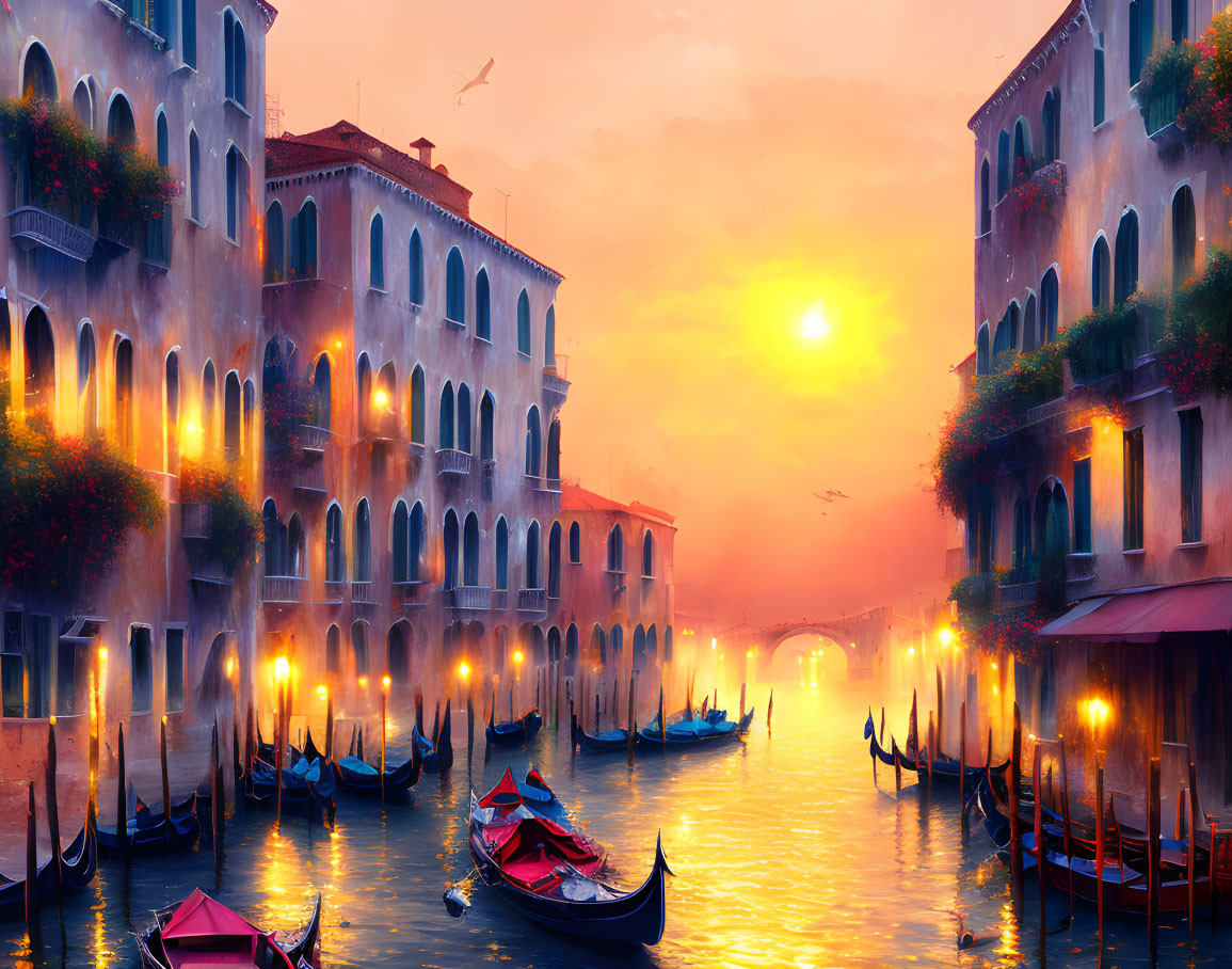 Venice canal at sunset with gondolas and historic buildings