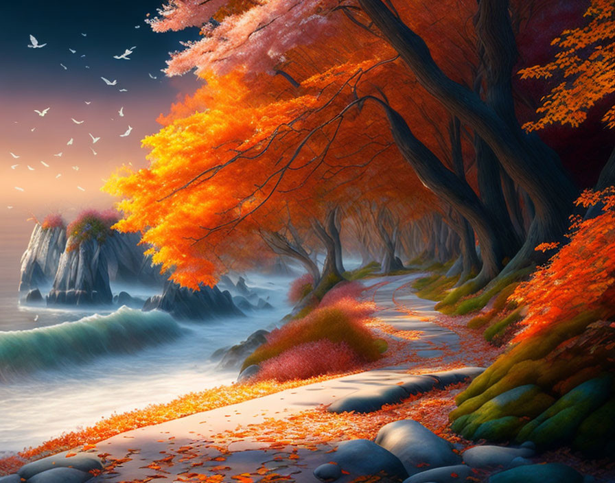 Tranquil Coastal Path with Vibrant Autumn Foliage