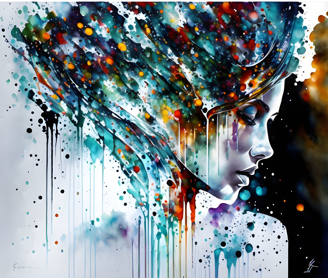 Vibrant abstract artwork: Woman's profile with colorful paint splashes