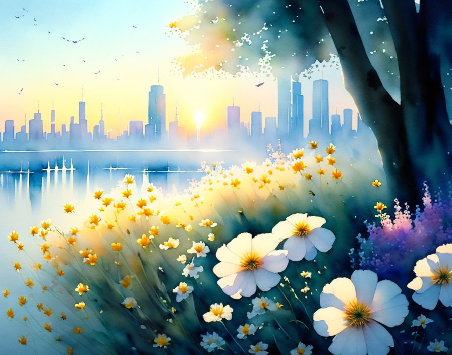 Tranquil lakeside cityscape at sunrise with lush trees in vibrant watercolor